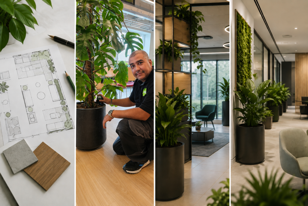 Four-panel image showing the journey from planting design and material selection to plant care and a completed interior planting scheme.