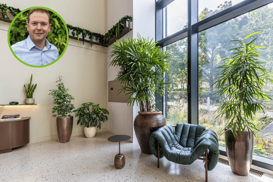 Bright lounge with large indoor plants, a dark green chair and full-height windows, with an inset portrait of Toby.