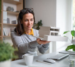 Architect With Model Of A House Sitting At The Desk Indoors In Office.