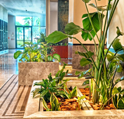 Modern Interior Design Featuring Indoor Plants And Natural Light In A Luxurious Hotel Lobby