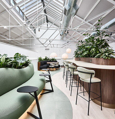 Long shot of an open-plan office featuring multiple planting beds throughout the workspace.