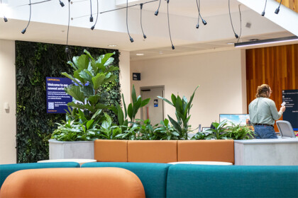 Medium shot of a modern office area featuring a moss wall and a large planter.